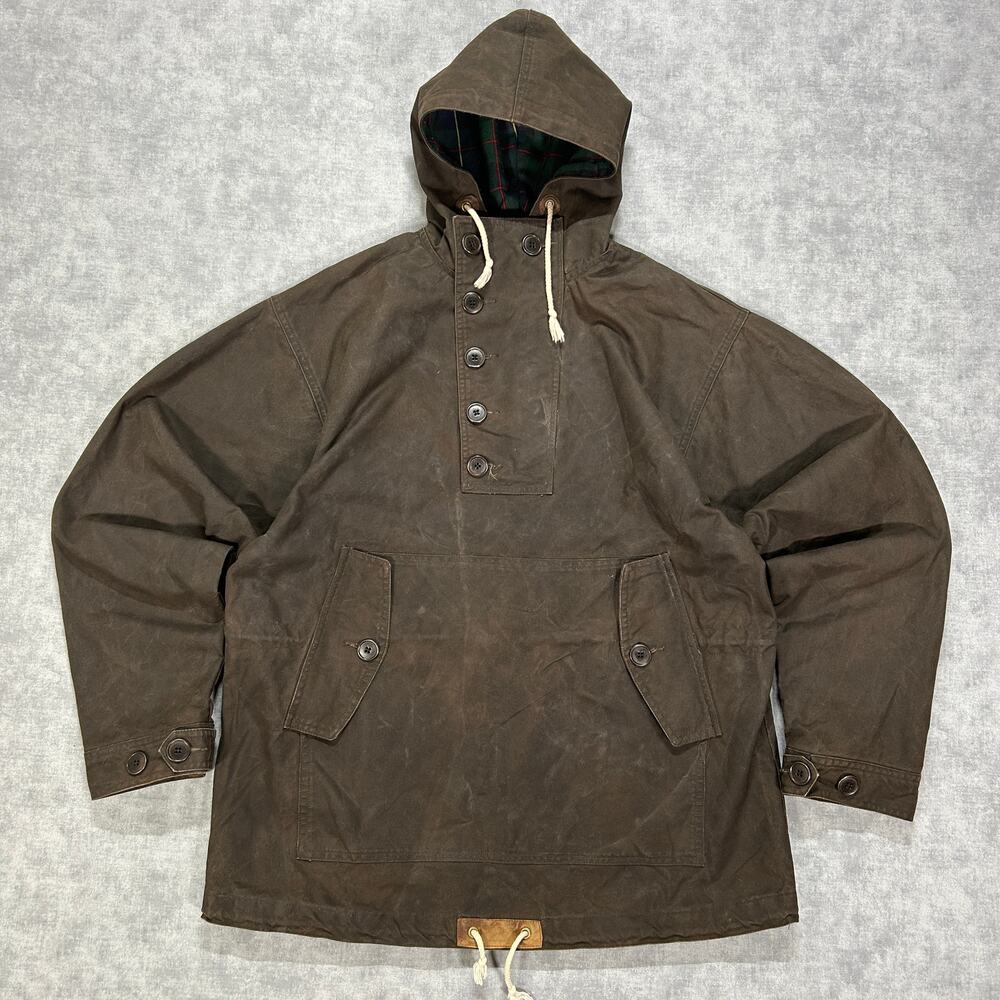 VTG Orvis Waxed Cotton Hooded Smock Jacket Brown Tartan Lined Hunting Anorak M